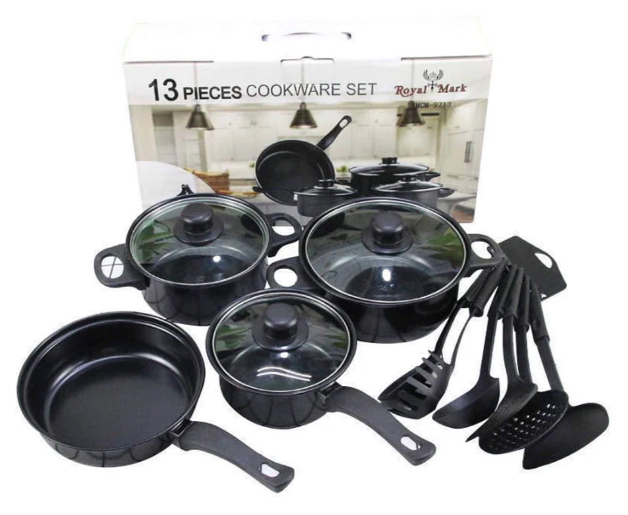 Set de Gatit cu 13 Piese, Oale, Cratite, Tigaie Antiaderenta si Ustensile de Bucatarie, Negru