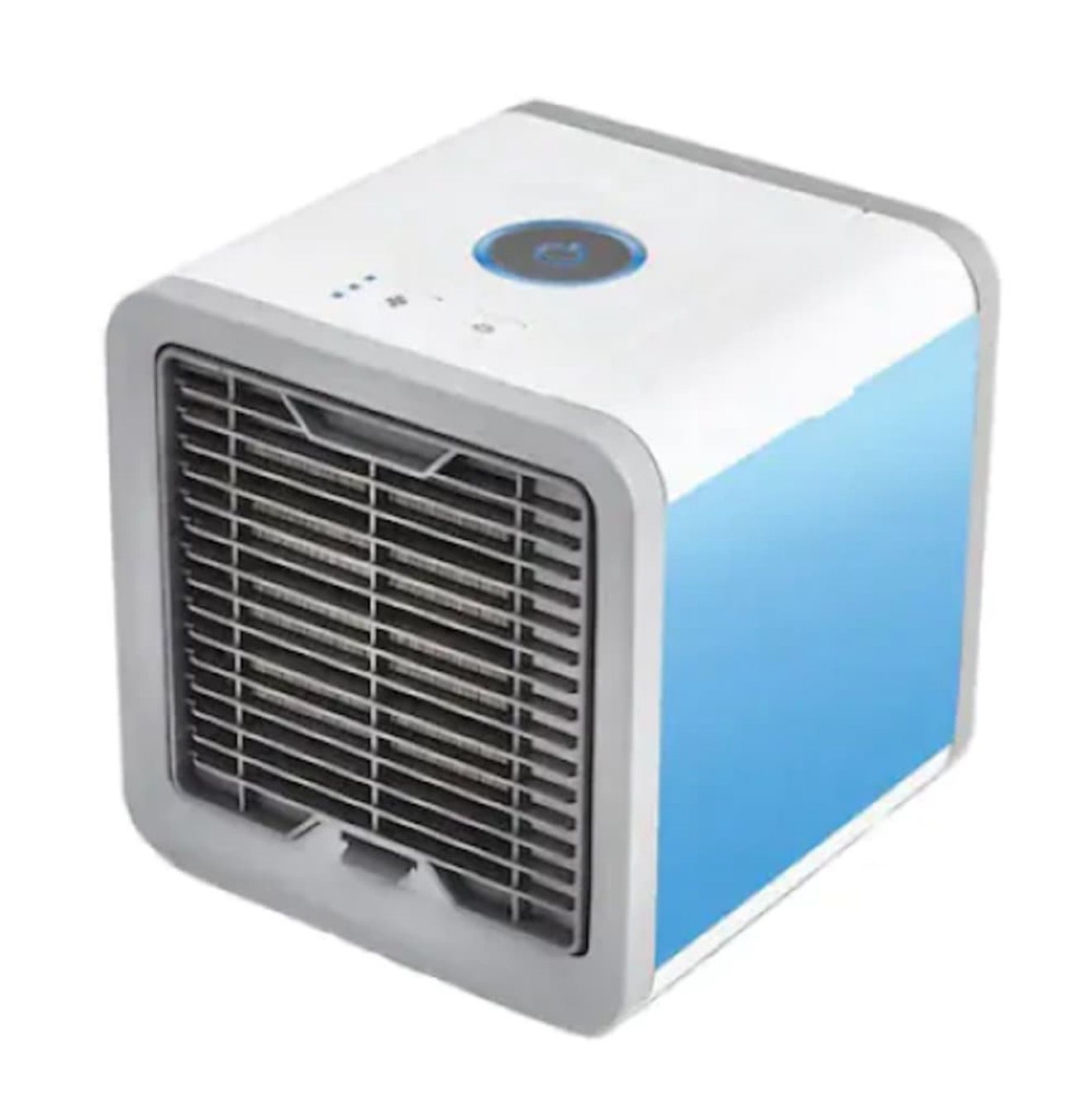 Mini aer conditionat, portabil, cu 3 trepte de viteza, putere 10W, cu functie de racire, umidificare, purificare a aerului, cu alimentare USB, alb/albastru