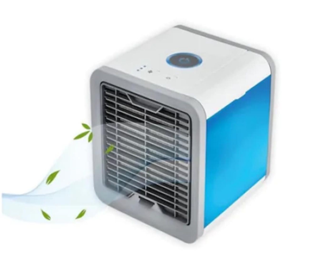 Mini aer conditionat, portabil, cu 3 trepte de viteza, putere 10W, cu functie de racire, umidificare, purificare a aerului, cu alimentare USB, alb/albastru