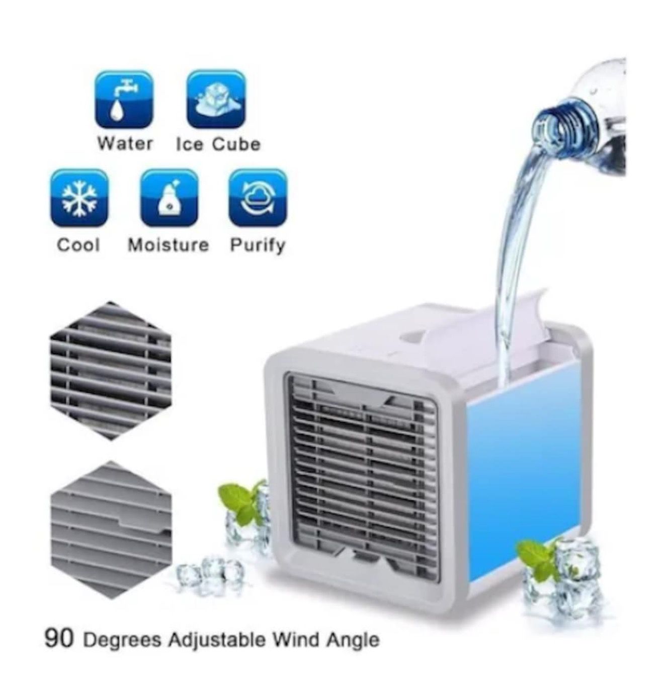 Mini aer conditionat, portabil, cu 3 trepte de viteza, putere 10W, cu functie de racire, umidificare, purificare a aerului, cu alimentare USB, alb/albastru