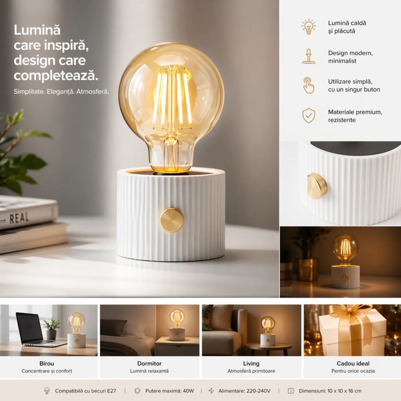 Lampă LED Decorativă 15.5x8.5cm, cu Buton Reglare Intensitate, Lumină Caldă, Incarcare USB Engros