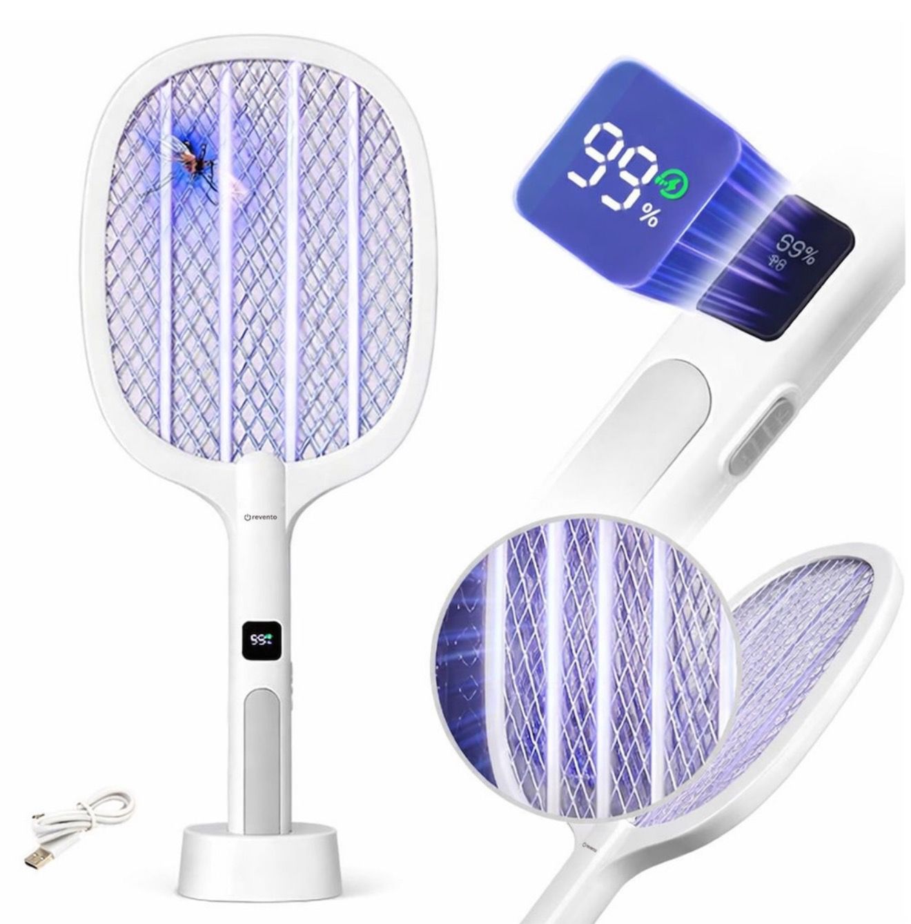 Paleta electrica anti-insecte Revento Flash 11, 21.8 x 52.8 cm, acumulator 1200 mAh, USB-C, Alb