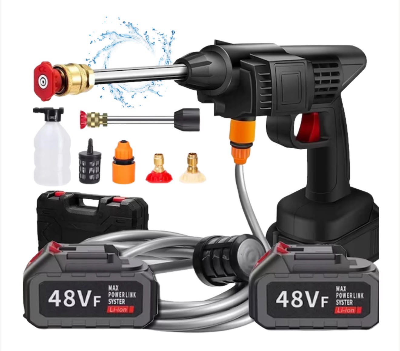 Aparat de Spălat cu Presiune Fără Fir Infiniteea™ 500W, 30 Bari, 2 Acumulatori 48V 5000mAh, Autonomie 3h, 3 Moduri de Pulverizare, Filtru de Apă, Recipient pentru Spumă, Furtun 5m, Kit Complet cu Trusă, Negru