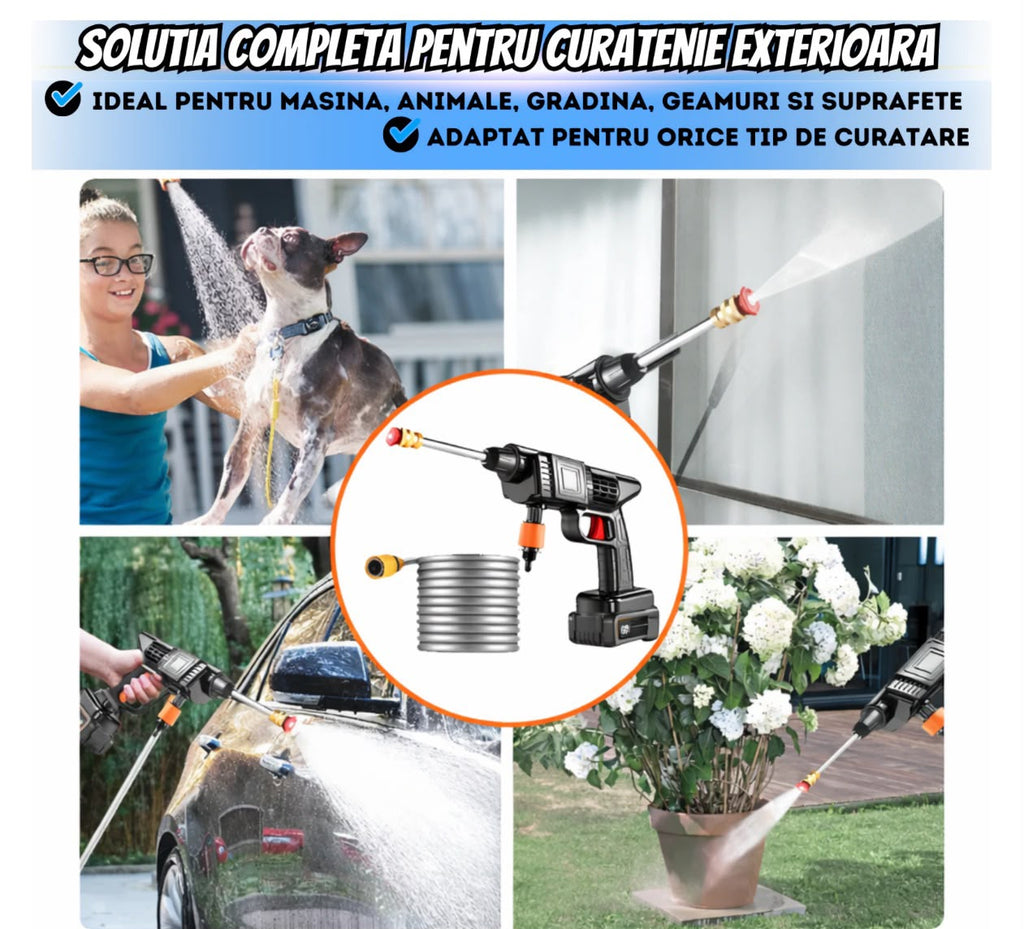 Aparat de Spălat cu Presiune Fără Fir Infiniteea™ 500W, 30 Bari, 2 Acumulatori 48V 5000mAh, Autonomie 3h, 3 Moduri de Pulverizare, Filtru de Apă, Recipient pentru Spumă, Furtun 5m, Kit Complet cu Trusă, Negru