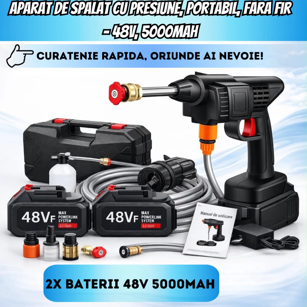 Aparat de Spălat cu Presiune Fără Fir Infiniteea™ 500W, 30 Bari, 2 Acumulatori 48V 5000mAh, Autonomie 3h, 3 Moduri de Pulverizare, Filtru de Apă, Recipient pentru Spumă, Furtun 5m, Kit Complet cu Trusă, Negru