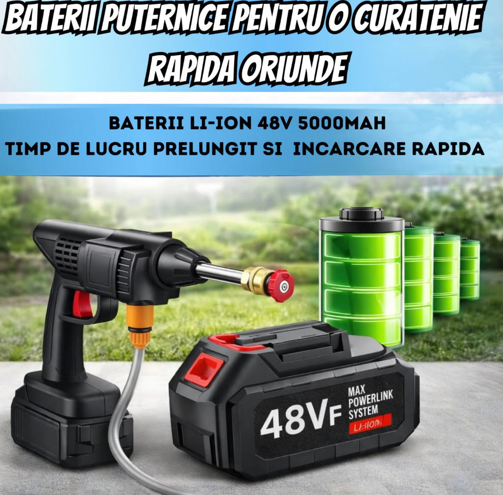 Aparat de Spălat cu Presiune Fără Fir Infiniteea™ 500W, 30 Bari, 2 Acumulatori 48V 5000mAh, Autonomie 3h, 3 Moduri de Pulverizare, Filtru de Apă, Recipient pentru Spumă, Furtun 5m, Kit Complet cu Trusă, Negru