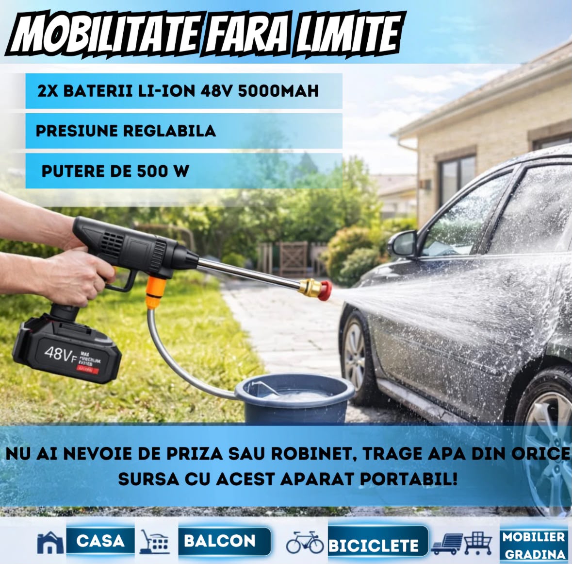 Aparat de Spălat cu Presiune Fără Fir Infiniteea™ 500W, 30 Bari, 2 Acumulatori 48V 5000mAh, Autonomie 3h, 3 Moduri de Pulverizare, Filtru de Apă, Recipient pentru Spumă, Furtun 5m, Kit Complet cu Trusă, Negru