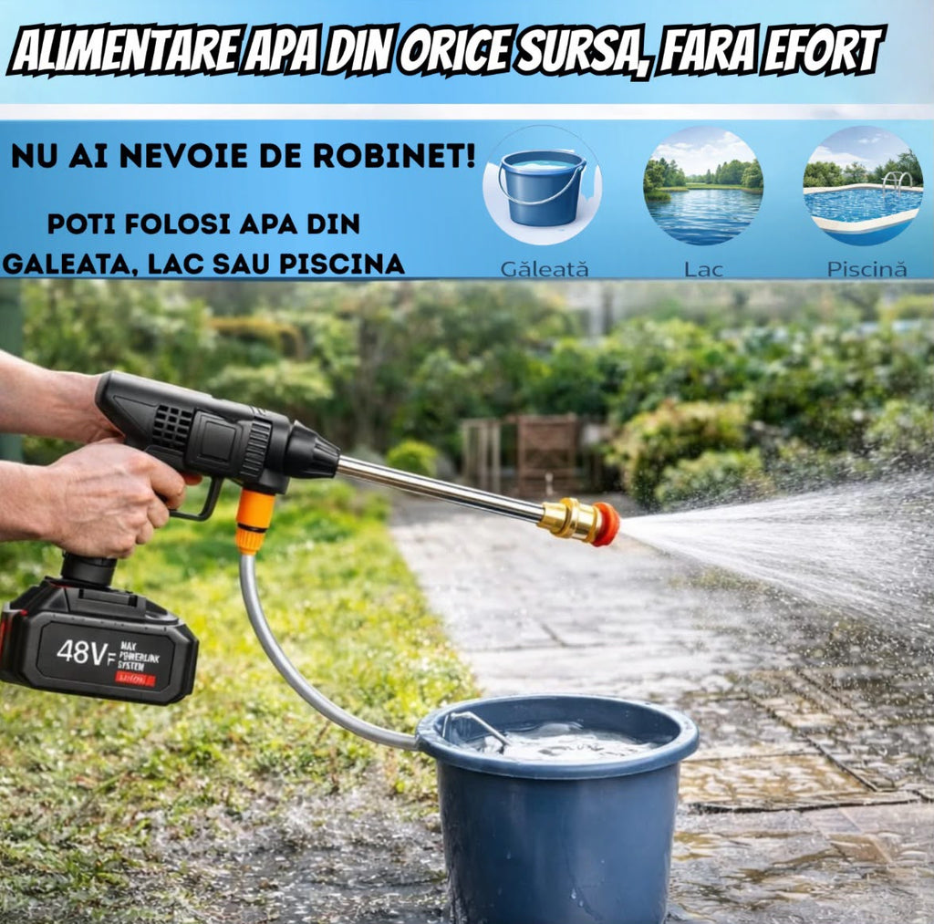 Aparat de Spălat cu Presiune Fără Fir Infiniteea™ 500W, 30 Bari, 2 Acumulatori 48V 5000mAh, Autonomie 3h, 3 Moduri de Pulverizare, Filtru de Apă, Recipient pentru Spumă, Furtun 5m, Kit Complet cu Trusă, Negru