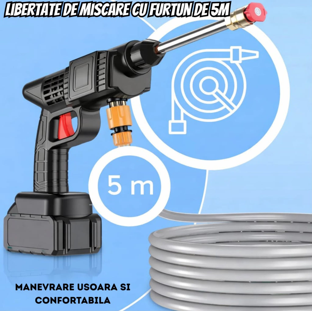 Aparat de Spălat cu Presiune Fără Fir Infiniteea™ 500W, 30 Bari, 2 Acumulatori 48V 5000mAh, Autonomie 3h, 3 Moduri de Pulverizare, Filtru de Apă, Recipient pentru Spumă, Furtun 5m, Kit Complet cu Trusă, Negru
