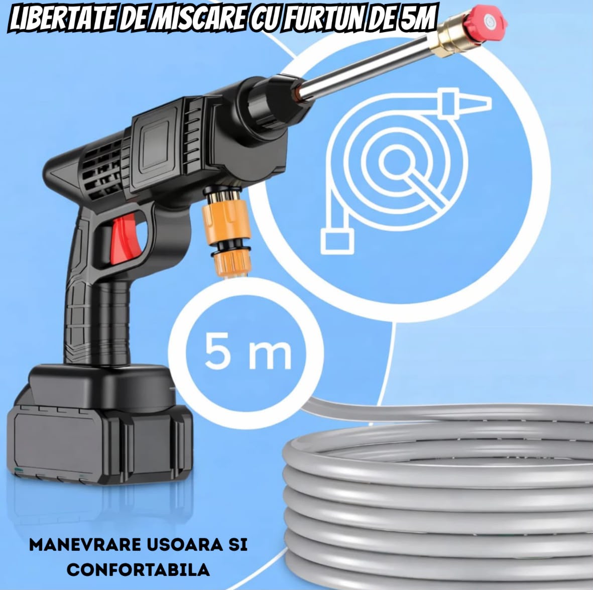 Aparat de Spălat cu Presiune Fără Fir Infiniteea™ 500W, 30 Bari, 2 Acumulatori 48V 5000mAh, Autonomie 3h, 3 Moduri de Pulverizare, Filtru de Apă, Recipient pentru Spumă, Furtun 5m, Kit Complet cu Trusă, Negru
