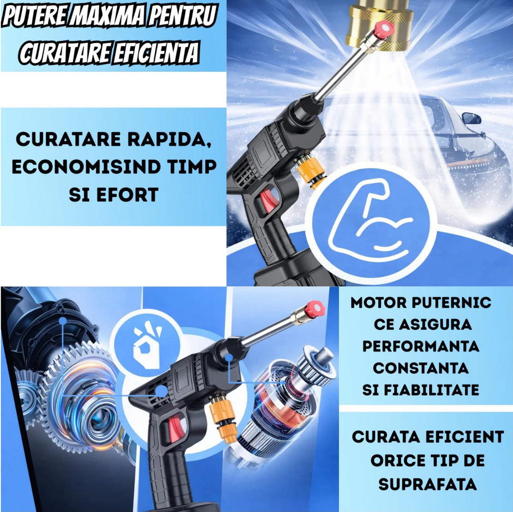 Aparat de Spălat cu Presiune Fără Fir Infiniteea™ 500W, 30 Bari, 2 Acumulatori 48V 5000mAh, Autonomie 3h, 3 Moduri de Pulverizare, Filtru de Apă, Recipient pentru Spumă, Furtun 5m, Kit Complet cu Trusă, Negru
