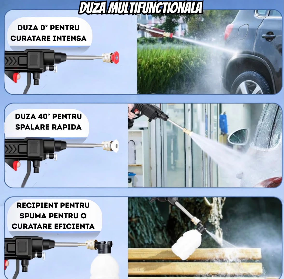 Aparat de Spălat cu Presiune Fără Fir Infiniteea™ 500W, 30 Bari, 2 Acumulatori 48V 5000mAh, Autonomie 3h, 3 Moduri de Pulverizare, Filtru de Apă, Recipient pentru Spumă, Furtun 5m, Kit Complet cu Trusă, Negru