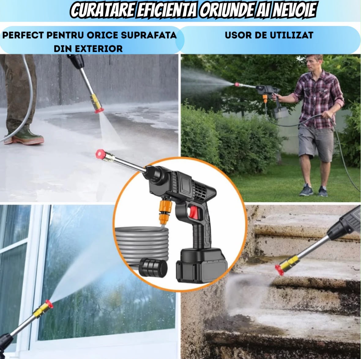 Aparat de Spălat cu Presiune Fără Fir Infiniteea™ 500W, 30 Bari, 2 Acumulatori 48V 5000mAh, Autonomie 3h, 3 Moduri de Pulverizare, Filtru de Apă, Recipient pentru Spumă, Furtun 5m, Kit Complet cu Trusă, Negru