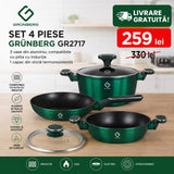 Set 4 piese: 3 vase din aluminiu, compatibile cu plita cu inductie, 1 capac din sticla termorezistenta