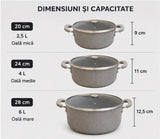 Set oale din granit, 3 piese, cu capace din sticlă, gri