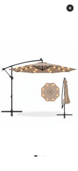 Umbrela de Gradina Solara LED 10ft (305cm), 24 LED, 8 Spite, Impermeabila, cu Manivela si Baza Cruce