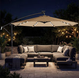 Umbrela de Gradina Solara LED 10ft (305cm), 24 LED, 8 Spite, Impermeabila, cu Manivela si Baza Cruce
