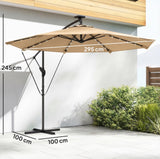 Umbrela de Gradina Solara LED 10ft (305cm), 24 LED, 8 Spite, Impermeabila, cu Manivela si Baza Cruce
