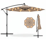 Umbrela de Gradina Solara LED 10ft (305cm), 24 LED, 8 Spite, Impermeabila, cu Manivela si Baza Cruce