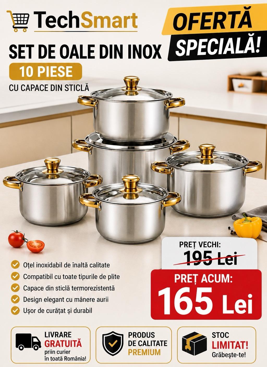 Set de oale din inox cu 10 piese, capace din sticla