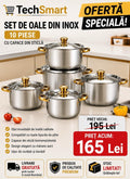 Set de oale din inox cu 10 piese, capace din sticla