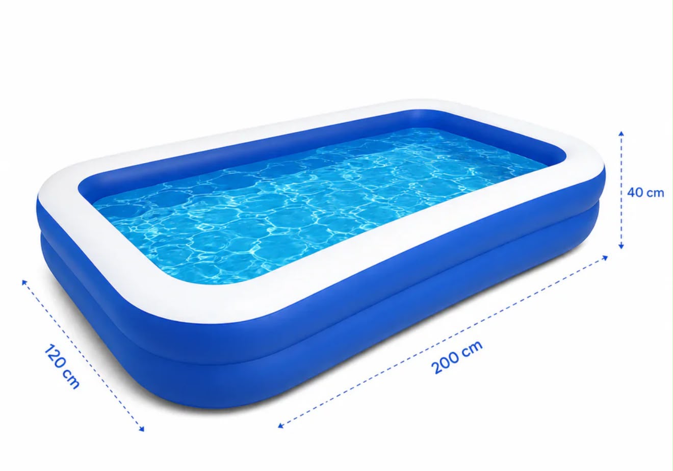 Piscină Gonflabilă Mare pentru Familie 200 x 120 x 40 cm + Pompă de Umflare CADOU | PVC Rezistent, 2 Inele de Siguranță