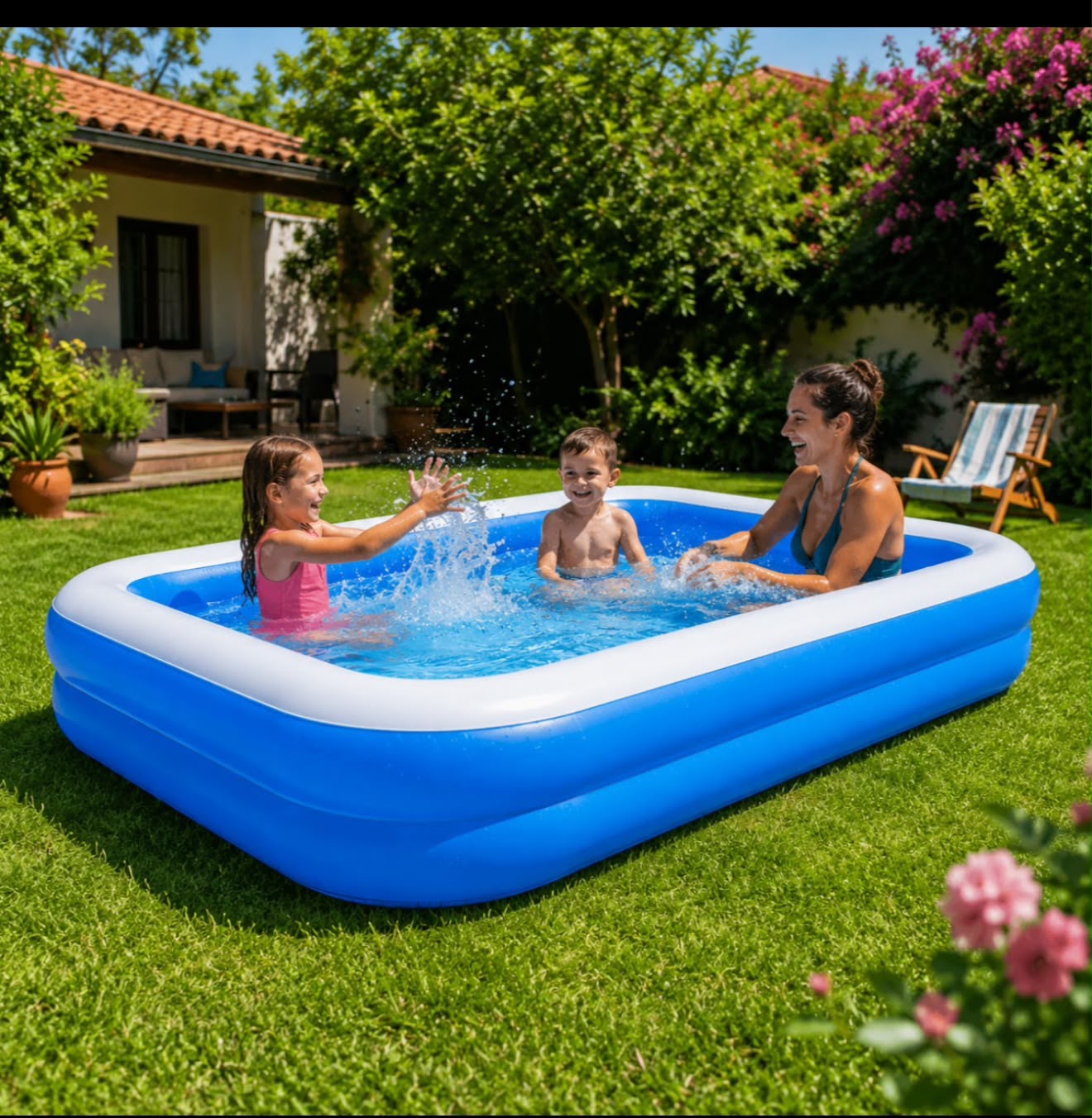 Piscină Gonflabilă Mare pentru Familie 200 x 120 x 40 cm + Pompă de Umflare CADOU | PVC Rezistent, 2 Inele de Siguranță