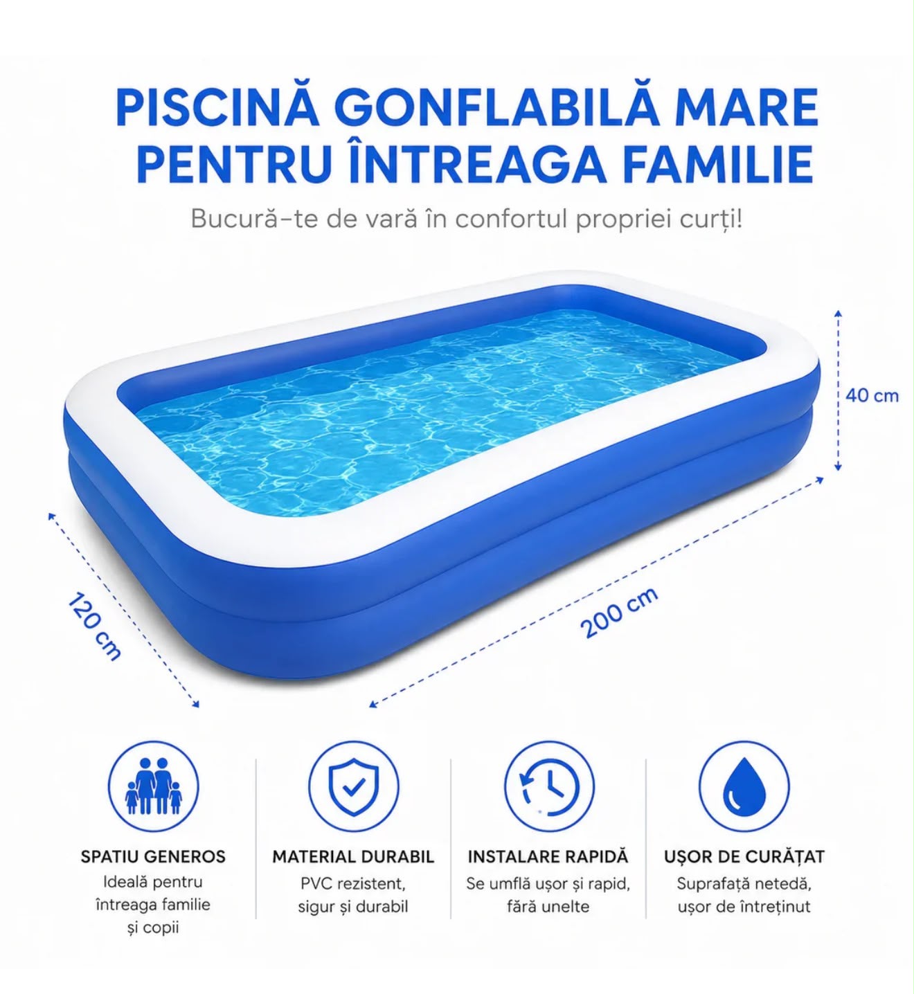 Piscină Gonflabilă Mare pentru Familie 200 x 120 x 40 cm + Pompă de Umflare CADOU | PVC Rezistent, 2 Inele de Siguranță