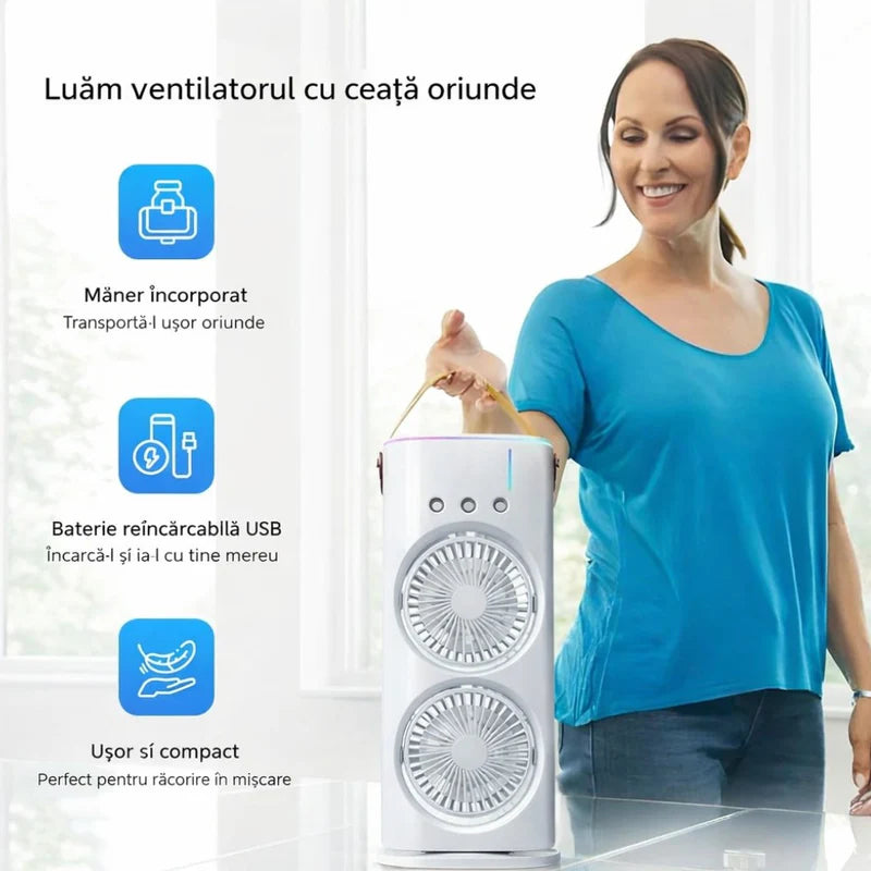 Ventilator Portabil cu Apă și Gheață USB, LED, Reîncărcabil